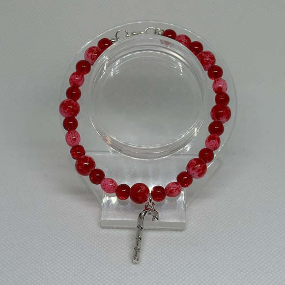 Handmade Silver Wire Bracelet with Red Splatter Beads and a Candy Cane Charm - Picture 1 of 2